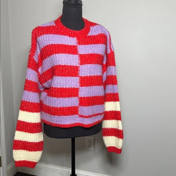 BLANKNYC Good Mood Striped Sweater Small Red Purple Cream Chunky Knit Oversized - Picture 2 of 9